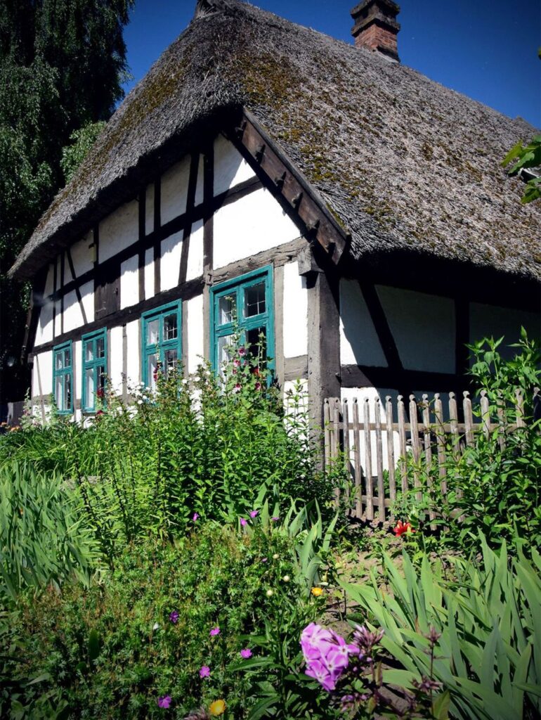 Tradycyjna chałupa o konstrukcji ryglowej z białymi ścianami i ciemnymi belkami, kryta strzechą, otoczona bujnym ogrodem kwiatowym i drewnianym płotem (kliknięcie powiększy zdjęcie).