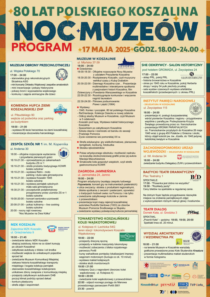 Plakat z programem Nocy Muzeów w Koszalinie.