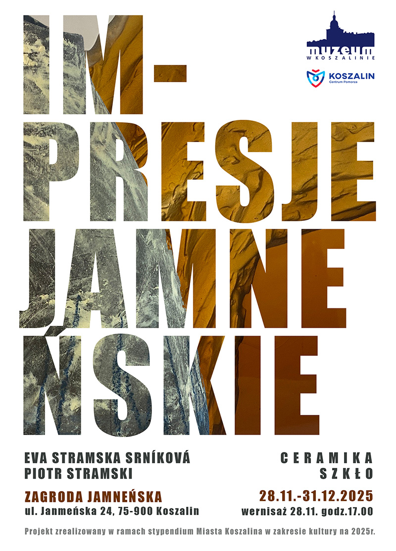 Plakat wystawy „Impresje jamneńskie” z dużym typograficznym tytułem wypełnionym fakturami ceramiki i szkła; informacje o autorach, miejscu i terminie wystawy.