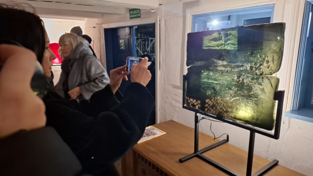 Osoba fotografująca instalację artystyczną z podświetlonym panelem w przestrzeni muzeum (kliknięcie powiększy zdjęcie)