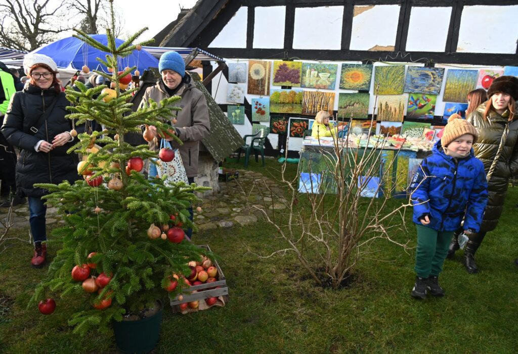 Uczestnicy jarmarku jamneńskiego przy udekorowanej jabłkami choince ustawionej na świeżym powietrzu (kliknięcie powiększy zdjęcie).